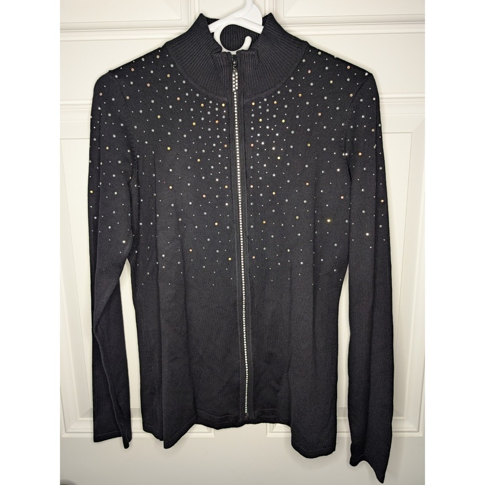 Fontana Cardigan Sweater Women's Size Medium Black Rhinestone Studded Zip Up NEW - Picture 2 of 8